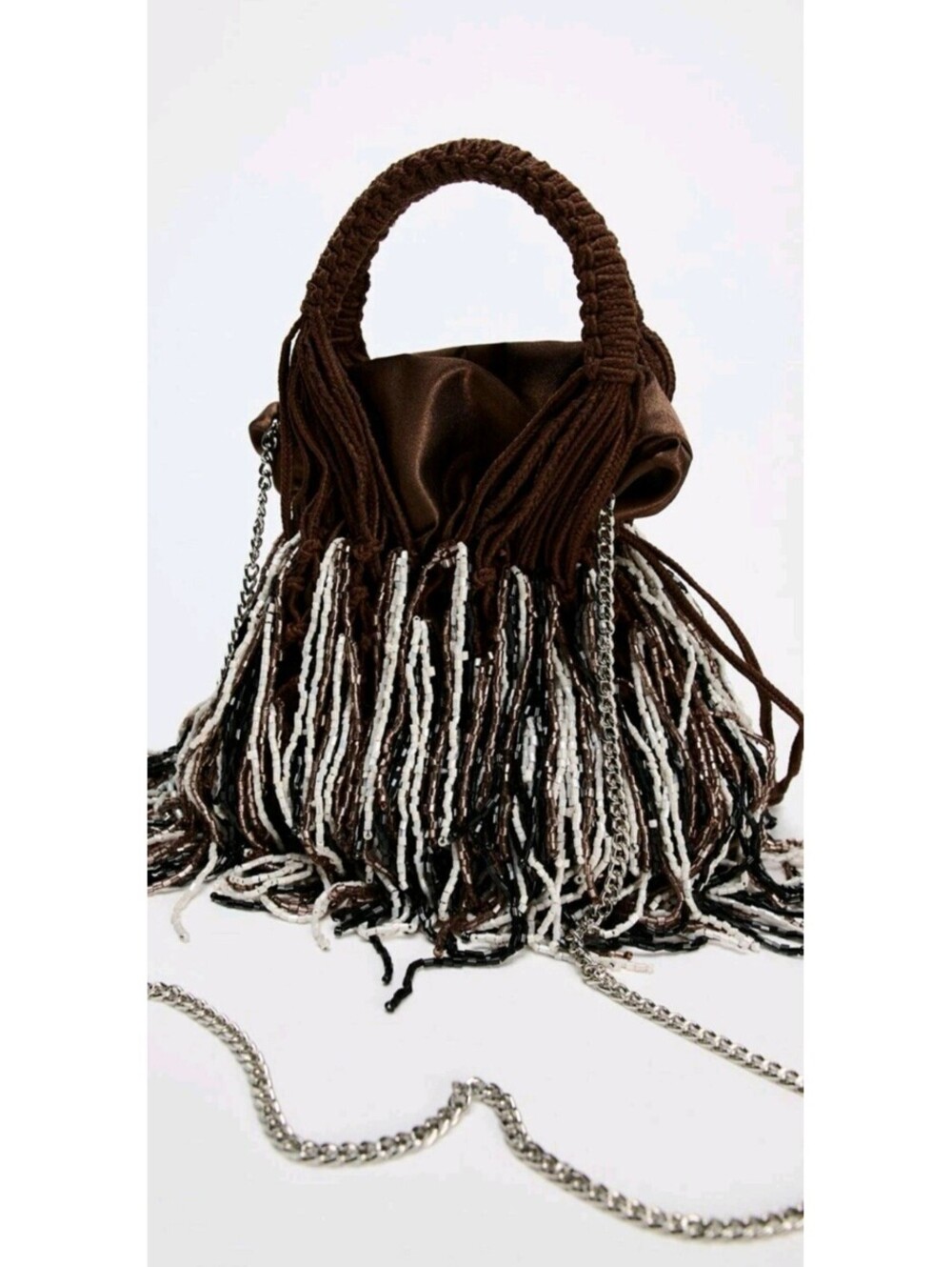 Zara Mini Beaded Fringe Bucket Bag Brown 6619/310